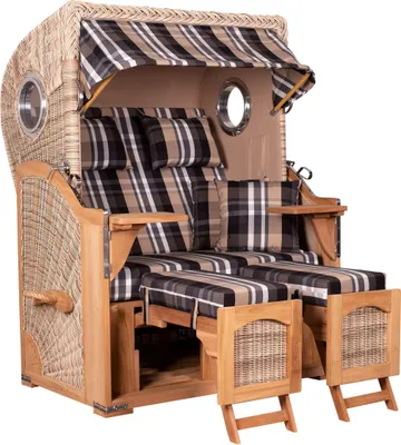 Produktbild von Strandkorb wetterfest Düne Teak Shell 2-Sitzer mit Bullaugen & PE-Geflecht Volllieger