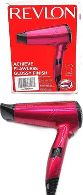 A product shot of a pink Revlon hair dryer in its packaging, and a separate shot of the hair dryer itself.