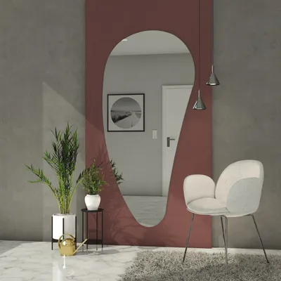 A modern living room scene featuring an abstract mirror, a chair, plants, and marble flooring.