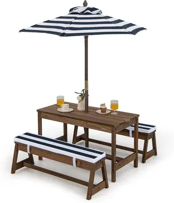 Immagine prodotto di Tavolo da picnic per bambini con ombrellone - Tavolo e panche in legno - Attività all'aperto per bambini piccoli