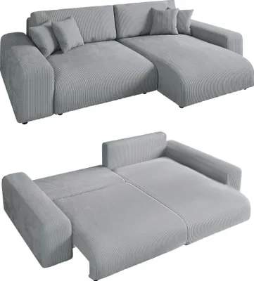 Produktbild von Ecksofa Schlaffunktion ausziehbar Bettkasten Polsterecke L-Couch in Cord Hellgrau / 21007