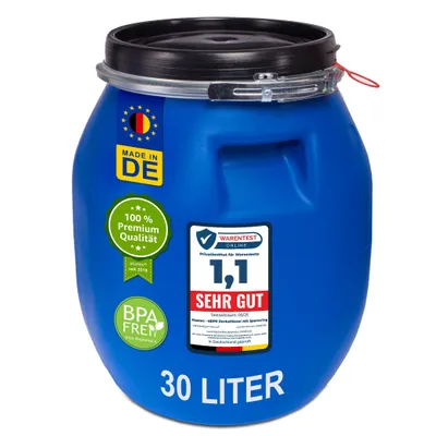 A blue plastic barrel with various labels and text.