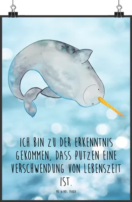 Produktbild von Mr. & Mrs. Panda Bild Narwal DIN A0 - Oceanblue - Geschenk, Hausfrau, wanddeko, Aufräumen, drucke, Wal, Wanddekoration, Kinderzimmer, Plakat, Kunstdruck, Meer, Putzen