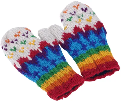 Image de Gants en laine, mitaines, mitaines tricotées à la main au Népal - Blanc/colorés, unies, gants et manchons