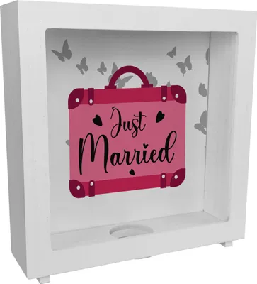Produktbild von Just married Hochzeit Rahmen Spardose aus Holz mit pinkem Koffer
