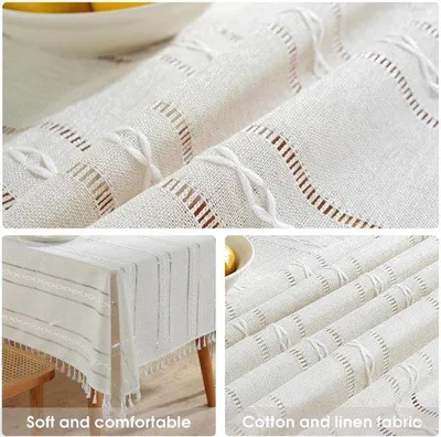 Obrázok produktu pre Uniqoos® obrus z bavlny a ľanu s franjami, biely, 140 x 240 cm – odolný, stálofarebný, vhodný na jedálenský stôl, konferenčný stolík a na piknik