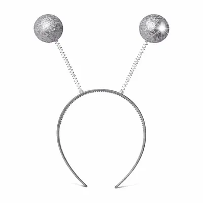 Immagine prodotto di Diadema con cappello a forma di testa con farfalla, pompon e antenne da alieno – Carnevale e feste di carnevale per adulti e bambini – Costumi di carnevale (argento)