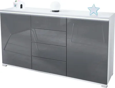 Produktbild von Vladon Sideboard Faro V1 - Kommode mit 2 Türen & 4 Schubladen, Schrank mit LED Lichtleiste, Weiß matt / Grau Hochglanz (138,5 x 75,5 x 35)
