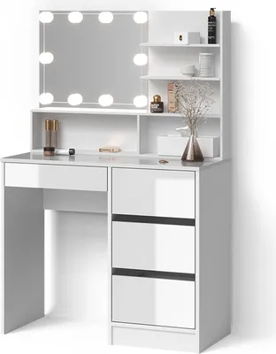 Produktbild von Schminktisch Livinity Imola Weiß 90 cm mit LED Beleuchtung, und Spiegelregal, Model 52436