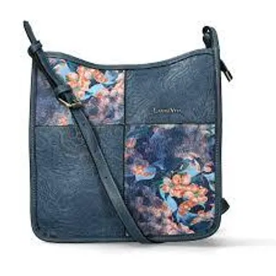 Produktbild von LAURA VITA Damen Umhängetasche Axelle 01 bleu blau jeans mit Blumenmuster und verstellbarem Schultergurt