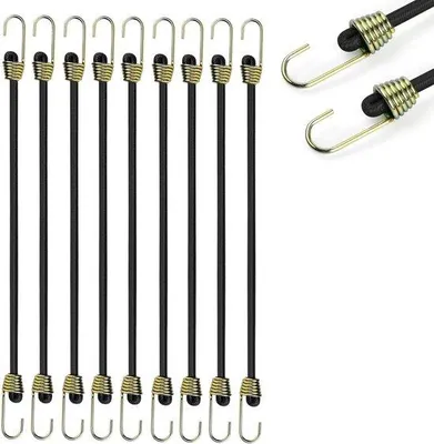 Imagen del producto de Bandas elásticas mini de goma, con gancho, paquete de 10 unidades, 25 cm de longitud. Ideales para asegurar objetos en campamentos, tiendas de campaña y equipaje de viaje.