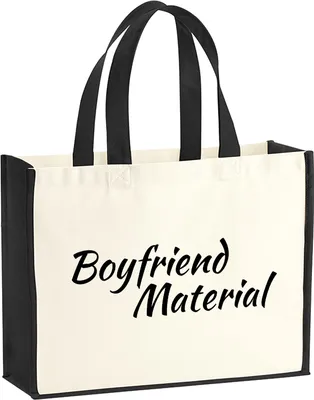 Produktbild von Huuraa Jutetasche Boyfriend Material Schriftzug 21 Liter Black Jute und Baumwolle Einkaufstasche Geschenkidee