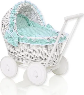 Imagen del producto de Carrito de muñecas blanco de mimbre – coche de juguete de madera – con ropa de cama color menta y forro de polar suave