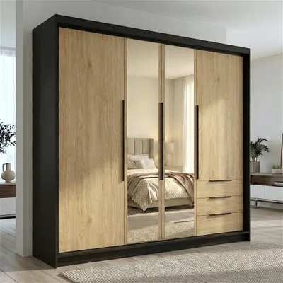Produktbild von Geräumiger vier-türiger Kleiderschrank VIVO mit Schubladen und Metallgriffen – modernes Design