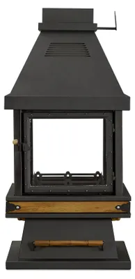 Image de Cheminée autoportante noire en acier inoxydable, bois et verre