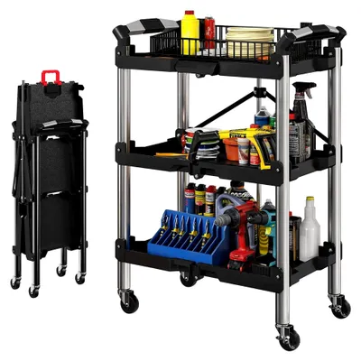 Produktbild von Werkstatt-Rollwagen mit 3 Ebenen, Klappbarer Werkzeugwagen mit Griff, Montagewagen für Lager, Garage, bis 68 kg belastbar, Schwarz
