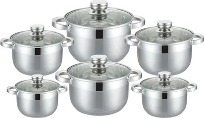 A set of six stainless steel pots with glass lids, arranged in two rows on a white background.