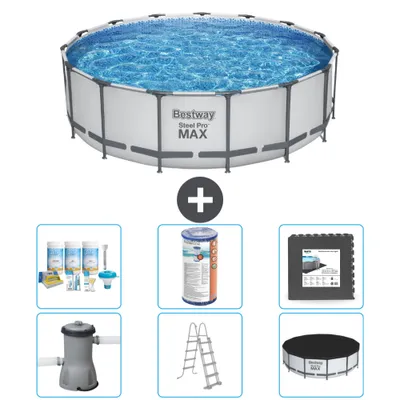 Zdjęcie produktu dla Basen Bestway Round Steel Pro MAX - 457 x 122 cm - szary - w tym pompa - drabinka - pakiet konserwacyjny pokrywy - filtr - płytki podłogowe