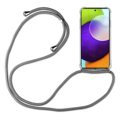 A smartphone with a gray lanyard case is displayed against a white background.