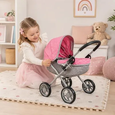 Produktbild von Puppenwagen Lilli, kleiner Puppenwagen für die jüngsten Puppenmuttis in Melange Pink | Zusammenklappbarer Puppenwagen im Design mit 55 cm Schieberhöhe, umklappbarem Verdeck und für Puppen bis 41 cm