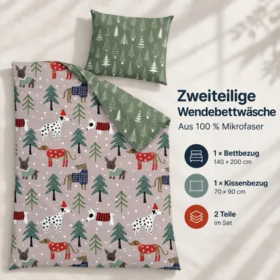 Productafbeelding van Beddengoedset met kerstthema, omkeerbaar, 140 x 200 cm + 70 x 90 cm - Kerstthema