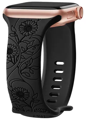 Image de Bracelet pour Apple Watch Series Ultra 2/3, 11, 10, 9 8 SE 7 6 5 4 3 2 1 46mm-45mm-44mm-42mm-49mm Silicone Noir Gravure Tournesol
