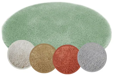 A large oval-shaped rug in a sage green color is shown, with four smaller circular swatches of different colored rugs below it.
