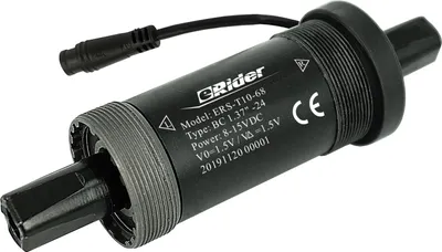 A black bicycle bottom bracket with a cable and connector attached, isolated on a white background.