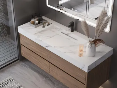 Produktbild von Waschbecken hängend  - 120.2 x 45.2 x 8 cm - Weiß mit Marmor-Optik - TAKOTNA
