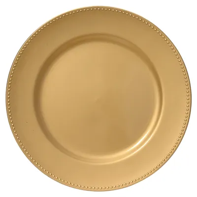 Ein runder, goldfarbener Platzteller aus Kunststoff mit einem eleganten Perlenmuster entlang des erhobenen Randes auf weißem Hintergrund