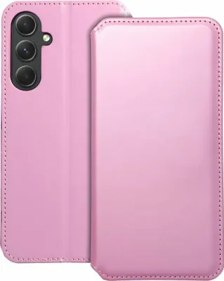 A pink flip case for a smartphone is shown.