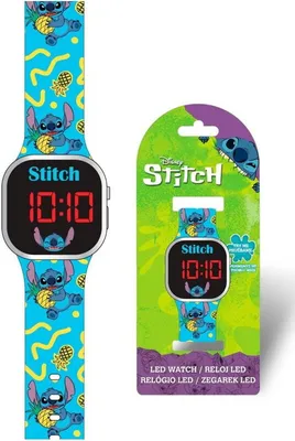 A digital watch with a Stitch theme is shown next to its packaging.