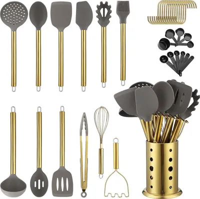 Image de set de 38 ustensiles de cuisine, ustensiles de cuisine en silicone antiadhésif avec porte-ustensiles en acier inoxydable