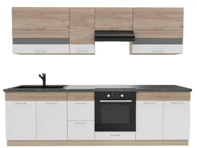 Obrázek produktu pro Kuchynská linka 270 cm – ECONO A PLUS – dub Sonoma – bílá lesklá – s tmave hnedou pracovní deskou – vestavená kuchyne se systémem Soft-Close – zásuvky s kovovými úchytkami