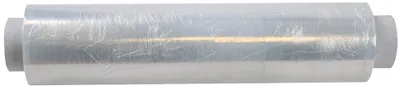 A roll of clear plastic wrap on a white background.