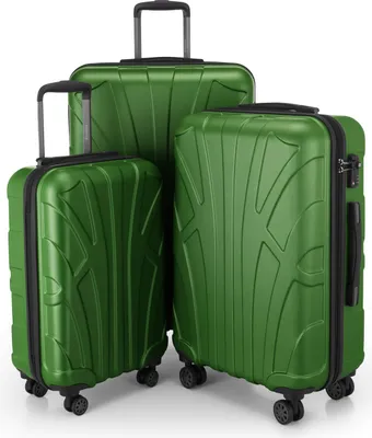 Three green suitcases of different sizes arranged together.