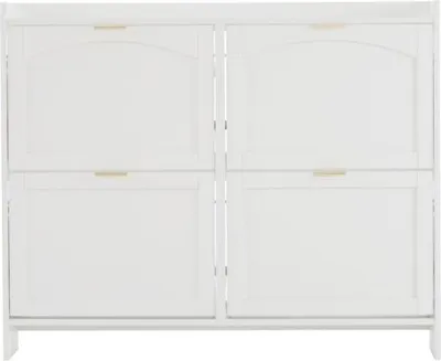 Produktbild von Schuhkommode Schuhschrank 110x24x90 cm Weiss Modern Mit 4 Klappenfaechern Offene Ablage Freistehend Schuhregal Flur Eingangsbereich Schrank