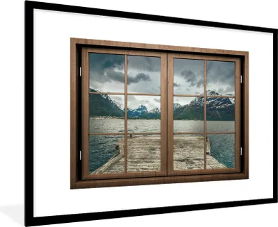 Produktbild von MuchoWow® MuchoWow® Gerahmtes Poster Aussicht - Wasser - Berge 90x60 cm - Poster mit zchwarzem Bilderrahmen - Wanddekoration - Fotos