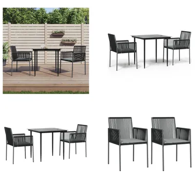 Produktbild von vidaXL 3 tlg. Garten Essgruppe mit Kissen Schwarz Poly Rattan & Stahl - Garten Essgruppe - Garten Essgruppen - Essgruppe - Outdoor Essgruppe