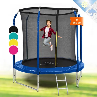 Produktbild von Klarfit Kinder Trampolin Indoor/Outdoor, Kleines Trampolin für Kinder, Kindertrampolin Rutschfest, Trampolin mit Leiter, Randabdeckung und Sicherheitsnetz, UV-Beständiges Trampolin Klein, 250cm