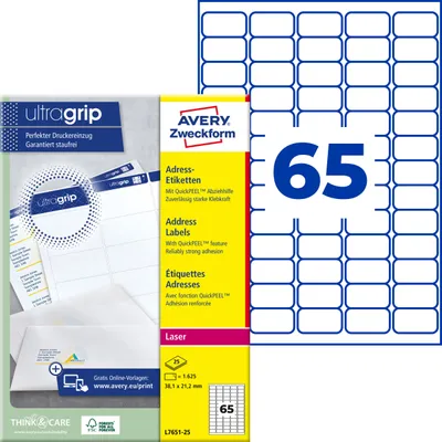 Produktbild von Avery Zweckform L7651-25, Adress-Etiketten, A4, Qualitätsdruck mit: ultragrip, 38,1 x 21,2 mm, 1.625 Etiketten / 25 Bögen, weiß