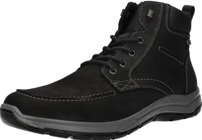 A black men's boot is shown against a white background.