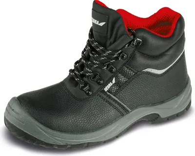 A single black work boot with red lining, shown from a side-diagonal angle on a white background.