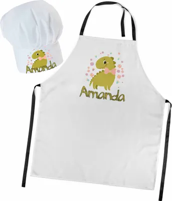 Produktbild von Personalisierte Kochmütze + Kochschürze Set 2tlg. Für Kinder, Jungen und Mädchen, Weiß, Schürze mit Ihrem Namen, Dinosaurier mit Schleife [099]