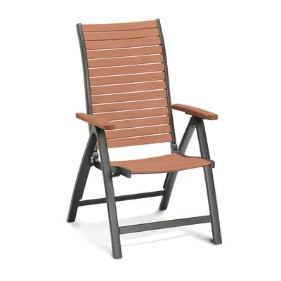A single brown and gray folding garden chair is shown against a white background.
