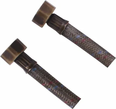 Two flexible hoses with bronze-colored connectors on a white background.