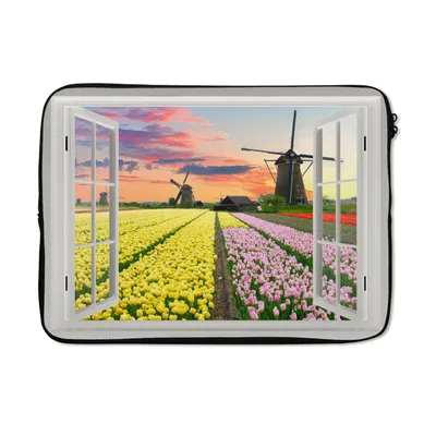 Produktbild von MuchoWow® Laptop Hülle 13 Zoll Aussicht - Sonnenuntergang - Tulpen Laptoptasche - Laptophülle - Sleeve - Rundumschutz