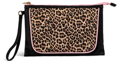 Produktbild von Clutch Milly Schwarz Nylon Leopardenmuster Rosa Akzente Größe L Reißverschluss Trageband