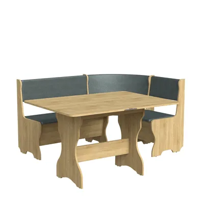 A corner dining set with a table and two benches.