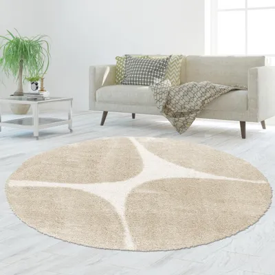 Produktbild von Moderner Hochflor-Teppich gemütlich pflegeleicht mit organischem Muster in Creme Beige Größe - 160 cm Rund